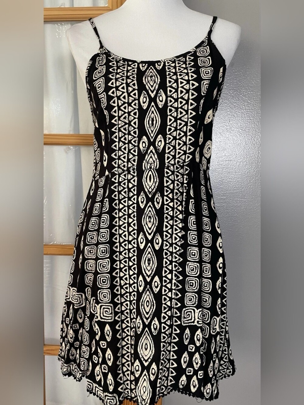 Black & Cream Printed Spaghetti Strap Dress
